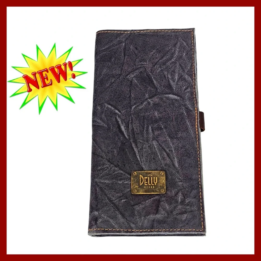 DELLY Men's Distressed Dark Gray Leather Long Bifold Wallet Clutch VTG Organizer